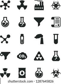 Solid Black Vector Icon Set - round flask vector, manufacture, oil, industrial building, radiation, carbon dyoxide, filter, water, research article, test tube, molecule, nuclear, biohazard