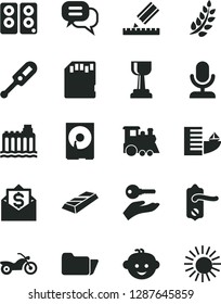 Solid Black Vector Icon Set - electronic thermometer vector e, children's hairdo, train, door knob, drawing, hydroelectricity, hdd, pc speaker, folder, sd card, laurel branch, gold cup, bar, dialog