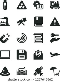 Solid Black Vector Icon Set - warning vector, floppy disk, keyboard, e, heating coil, factory, drop of oil, notebook pc, settings, test tube, telescope, nuclear, satellite, magnet, radar, money mail