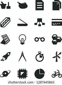 Solid Black Vector Icon Set - Incandescent Lamp Vector, Stopwatch, Bank Card, Clean Paper, Pie Chart, Toy Sand Set, Hot Dog, Chicken, Honeycombs, Wind Energy, Smd, Space Rocket, Hierarchical Scheme