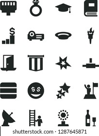 Solid Black Vector Icon Set - plate vector, connect, lan connector, projector, big data, book, satellite antenna, flame torch, bang, cup, graduate, man with flag, ladder, diamond ring, pennant, eyes