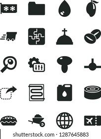 Solid Black Vector Icon Set - folder vector, Puzzles, garden trolley, heating coil, drop, earth, move right, canned goods, mushroom, apple pie, coffee beans, mango, canister of oil, urgent cargo