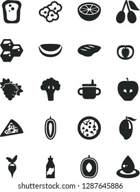 Solid Black Vector Icon Set - mug for feeding vector, pizza, piece of, chop, popcorn, sandwich, honeycombs, liquor, branch grape, tasty apple, cornels, mango, delicious plum, sweet date fruit