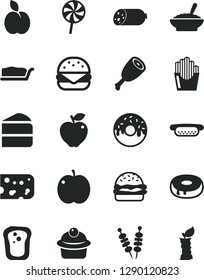 Solid Black Vector Icon Set - sausage vector, piece of cheese, fried vegetables on sticks, mini hot dog, big burger, muffin, cake, slice, with a hole, glazed, bowl buckwheat porridge, chicken thigh