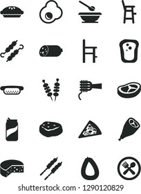 Solid Black Vector Icon Set - plates and spoons vector, a chair for feeding, child, sausage, stick of, cheese, fried vegetables on sticks, piece pizza, mini hot dog, noodles, pie, grill chicken leg