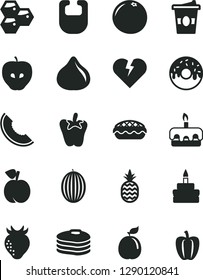 Solid Black Vector Icon Set - bib vector, broken heart, torte, birthday cake, glazed with a hole, apple pie, peper, coffe to go, pineapple, pancakes, honeycombs, peach, tasty, strawberry, fig, melon