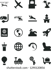 Solid Black Vector Icon Set - Baby chair vector, earth, passport, planet, history, lunar rover, man hold world, rocket, sand castle, helicopter, plane, air balloon, airport tower, baggage scanner