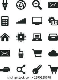 Solid Black Vector Icon Set - laptop vector, envelope, zoom out, house, screen, drawer, electric plug, cart, connections, mobile phone, calculator, cpu, network, lan connector, mail, settings, cloud