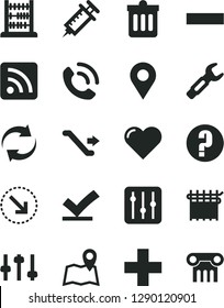 Solid Black Vector Icon Set - renewal vector, plus, minus, rss feed, question, abacus, dust bin, heart, regulator, phone call, right bottom arrow, cloth industry, steel repair key, location, syringe