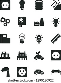 Solid Black Vector Icon Set - power socket type f vector, coal mining, modern gas station, manufacture, barrel, bulb, light, hydroelectric, thermal plant, industrial factory, electric, three gears
