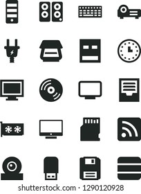 Solid Black Vector Icon Set - monitor window vector, rss feed, archive, CD, screen, electric plug, wall watch, keyboard, pc tower, gpu card, web camera, usb, scanner, flash, speaker, floppy, sd
