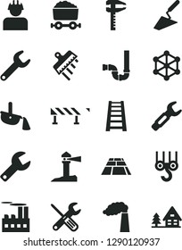 Solid Black Vector Icon Set - repair key vector, winch hook, trowel, small tools, stepladder, siphon, spatula, paving slab, road fence, manufacture, industrial building, builder, steel, calipers