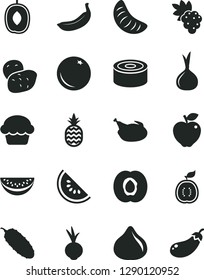 Solid Black Vector Icon Set - canned goods vector, cake, chicken, cucumber, beet, a pineapple, orange, half apricot, grape, red apple, fig, slice of water melon, delicious plum, tangerine, banana