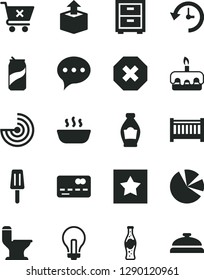 Solid Black Vector Icon Set - incandescent lamp vector, mark of injury, bedside table, baby cot, comfortable toilet, speech, crossed cart, unpacking, torte, hot porridge, soda can, bottle, popsicle