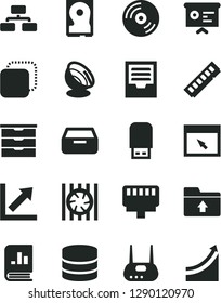 Solid Black Vector Icon Set - growth chart vector, archive, upload folder, storage unit, CD, flowchart, drawer, copy, book on statistics, financial report, radiator fan, memory, hdd, router, browser