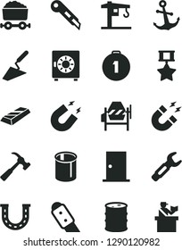 Solid Black Vector Icon Set - crane vector, trowel, concrete mixer, ntrance door, knife, stationery, hammer with claw, anchor, strongbox, barrel, pipes, steel repair key, trolley coal, magnet, hero