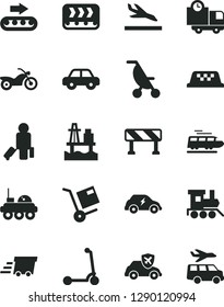 Solid Black Vector Icon Set - summer stroller vector, motor vehicle, baby toy train, child Kick scooter, traffic signal, delivery, shipment, sea port, conveyor, production, electric transport, taxi