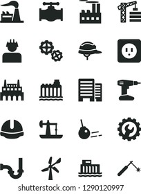 Solid Black Vector Icon Set - tower crane vector, gears, drill, sewerage, power socket type b, buildings, construction helmet, gear, core, oil derrick, wind energy, valve, factory, hydroelectricity