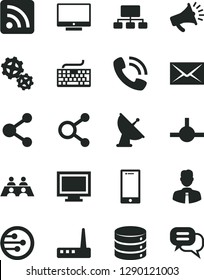 Solid Black Vector Icon Set - monitor window vector, envelope, keyboard, rss feed, employee, screen, smartphone, big data, gears, connection, connections, scheme, horn, phone call, conversation