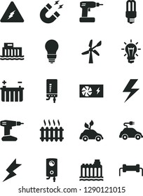 Solid Black Vector Icon Set - lightning vector, cordless drill, bulb, boiler, electronic, wind energy, battery, hydroelectric station, hydroelectricity, mercury light, electric car, pc power supply