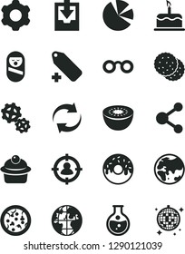 Solid Black Vector Icon Set - renewal vector, add label, download archive data, roly poly doll, cogwheel, cake, pizza, muffin, glazed with a hole, biscuit, kiwi, round flask, planet, gears, glasses