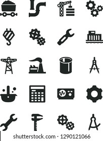 Solid Black Vector Icon Set - tower crane vector, hook, gears, cogwheel, water pipes, factory, hydroelectric station, power pole, Measuring compasses, steel repair key, calipers, metallurgy