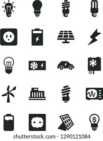 Solid Black Vector Icon Set - saving light bulb vector, power socket type b, f, lightning, charge level, charging battery, solar panel, wind energy, hydroelectric station, mercury, pc supply, sun