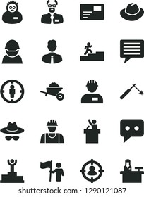 Solid Black Vector Icon Set - image of thought vector, hat, with glasses, builder, workman, garden trolley, employee, pass card, racer, welding, man in sight, goal woman, think, scientist, hold flag