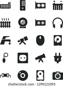 Solid Black Vector Icon Set - camera vector, power socket type f, plummet, faucet mixer, headphones, lens, battery, plug, cast iron radiator, mouse, keyboard, pc tower, gpu card, hdd, telescope