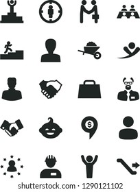 Solid Black Vector Icon Set - woman vector, funny hairdo, workman, garden trolley, man, goal, hand shake, handclasp, bag, conversation, scientist, winner podium, carrer stairway, hands up, agreement