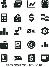 Solid Black Vector Icon Set - bar chart vector, graph, cards, coins, column of, statistical report, overview, denomination the dollar, financial item, wallet, calculator, money bag hand, coin, gear