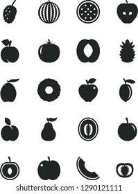 Solid Black Vector Icon Set - apple vector, peach, red, tasty, mulberry, water melon, slice of, loquat, half, plum, cherry, lemon, passion fruit, ripe pineapple, guava, persimmon, tomato