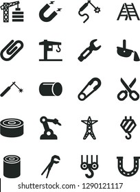 Solid Black Vector Icon Set - scissors vector, safety pin, crane, tower, hook, winch, adjustable wrench, ladder, clip, canned goods, tin, power line, magnet, pipe, welding, gas, robot welder, luck