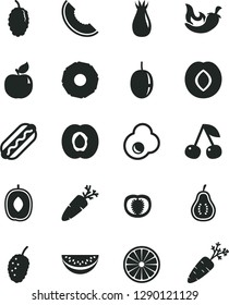 Solid Black Vector Icon Set - Hot Dog vector, chili, carrot, fried egg, cherry, half apricot, plum, rose hip, mulberry, tasty, slice of melon, delicious, water, passion fruit, orange, pineapple