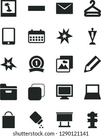 Solid Black Vector Icon Set - monitor window vector, paper bag, minus, baby powder, envelope, picture, folder, hanger, copy, billboard, pencil, calendar, tablet pc, notebook, bang, pennant, photo