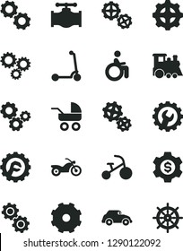 Solid Black Vector Icon Set - truck lorry vector, baby carriage, children's train, tricycle, child Kick scooter, gears, gear, star, valve, retro car, three, dollar, motorcycle, disabled, handwheel