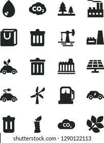 Solid Black Vector Icon Set - bin vector, dust, drop, bag with handles, apple stub, solar panel, working oil derrick, gas station, wind energy, hydroelectricity, forest, industrial building, CO2