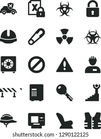 Solid Black Vector Icon Set - warning vector, prohibition, car child seat, safety pin, workman, construction helmet, road fence, lock, key, strongbox, autopilot, encrypting, nuclear, biohazard, atm