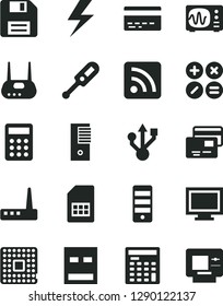 Solid Black Vector Icon Set - lightning vector, floppy disk, monitor window, bank card, rss feed, electronic thermometer e, cards, math actions, processor, SIM, calculator, engineer, pc tower, usb