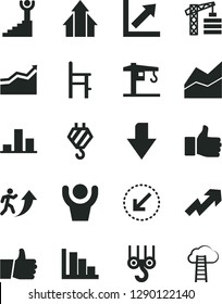 Solid Black Vector Icon Set - downward direction vector, growth up, line chart, positive histogram, a chair for feeding, crane, tower, hook, winch, left bottom arrow, thumb, finger, man, graph