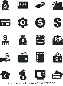 Solid Black Vector Icon Set - dollar vector, jam, reverse side of a bank card, column coins, get wage, wallet, dollars, cash, cashbox, gold bar, money bag hand, mortgage, gear, mail, atm, credit