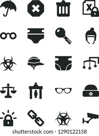 Solid Black Vector Icon Set - mark of injury vector, spectacles, scales, toys over the cot, diaper, nappy, winter hat, warm, helmet, dust bin, key, umbrella, encrypting, glasses, biohazard