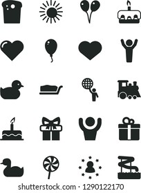 Solid Black Vector Icon Set - heart symbol vector, rubber duck, baby duckling, children's train, colored air balloons, balloon, cake, gift, Easter, slice, torte, lollipop, man hold world, hands up