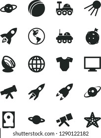 Solid Black Vector Icon Set - monitor vector, t short, bath ball, earth, artificial satellite, planet, hdd, telescope, antenna, saturn, rocket, lunar rover, flag on moon, starfish