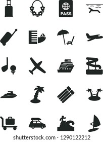 Solid Black Vector Icon Set - passport vector, plane, car baggage, rolling suitcase, case, hotel, beach, arnchair under umbrella, palm tree, hawaii wreath, aquapark, surfing, golf, cruiser, hammok