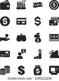 Solid Black Vector Icon Set - dollar vector, cards, coins, reverse side of a bank card, front the, denomination, catch coin, wallet, purse, money, cash, machine, cashbox, bag hand, pedestal, dialog