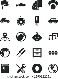 Solid Black Vector Icon Set - book vector, toys over the cot, baby bath ball, motor vehicle, funny hairdo, small tools, sample of colour, map, flag, nightstand, bundle eggs, barbecue, fish, cherry