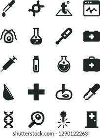 Solid Black Vector Icon Set - plus vector, electronic thermometer e, bag of a paramedic, medical, temperature, cardiogram, garlic, round flask, mercury, test tube, dna, bactery, pipette, syringe
