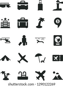 Solid Black Vector Icon Set - suitcase vector, case, coastal lighthouse, helicopter, dollar pin, plane, bus, passenger, rolling, passport, ticket, tent, beach, arnchair under umbrella, palm tree