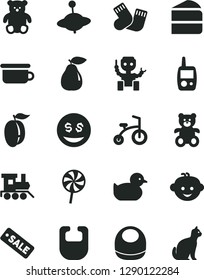 Solid Black Vector Icon Set - bib vector, baby, duckling, warm socks, toy mobile phone, children's potty, teddy bear, small, hairdo, train, yule, child bicycle, piece of cake, lollipop, pear, robot